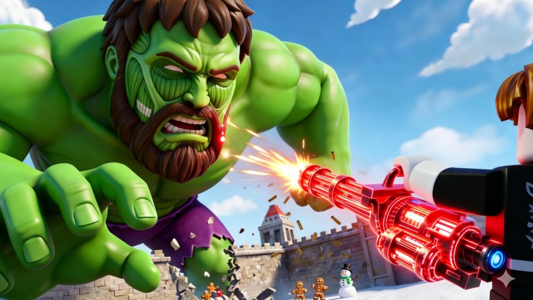 Player firing a red minigun at a giant green Brainrot boss over the last castle wall in Hold the Last Line