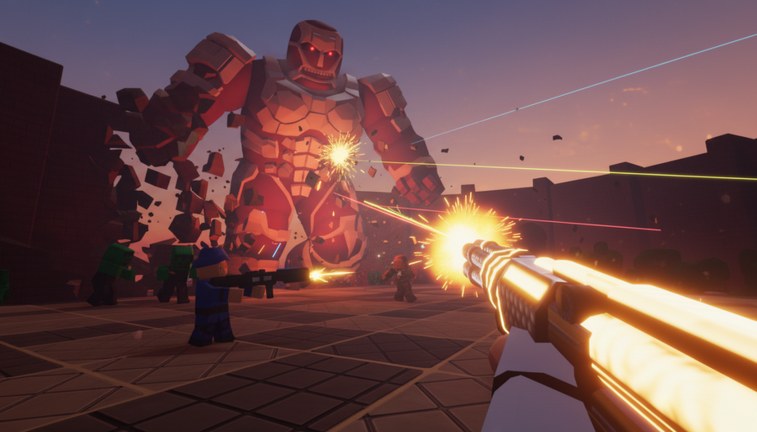 First-person shotgun fight with teammates against a crumbling stone giant on the tiled last-house courtyard
